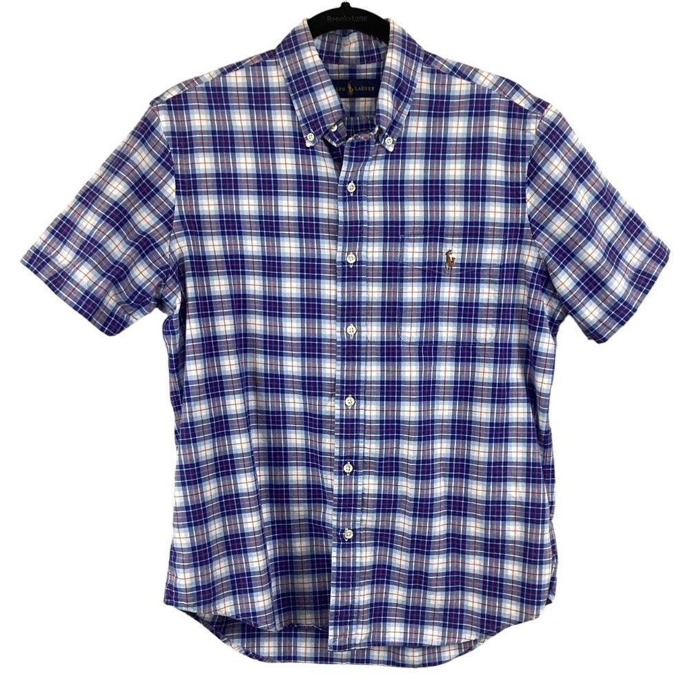 Ralph Lauren Blue Label Blue Plaid Shirt Size Medium Button‎ Down Short Sleeve